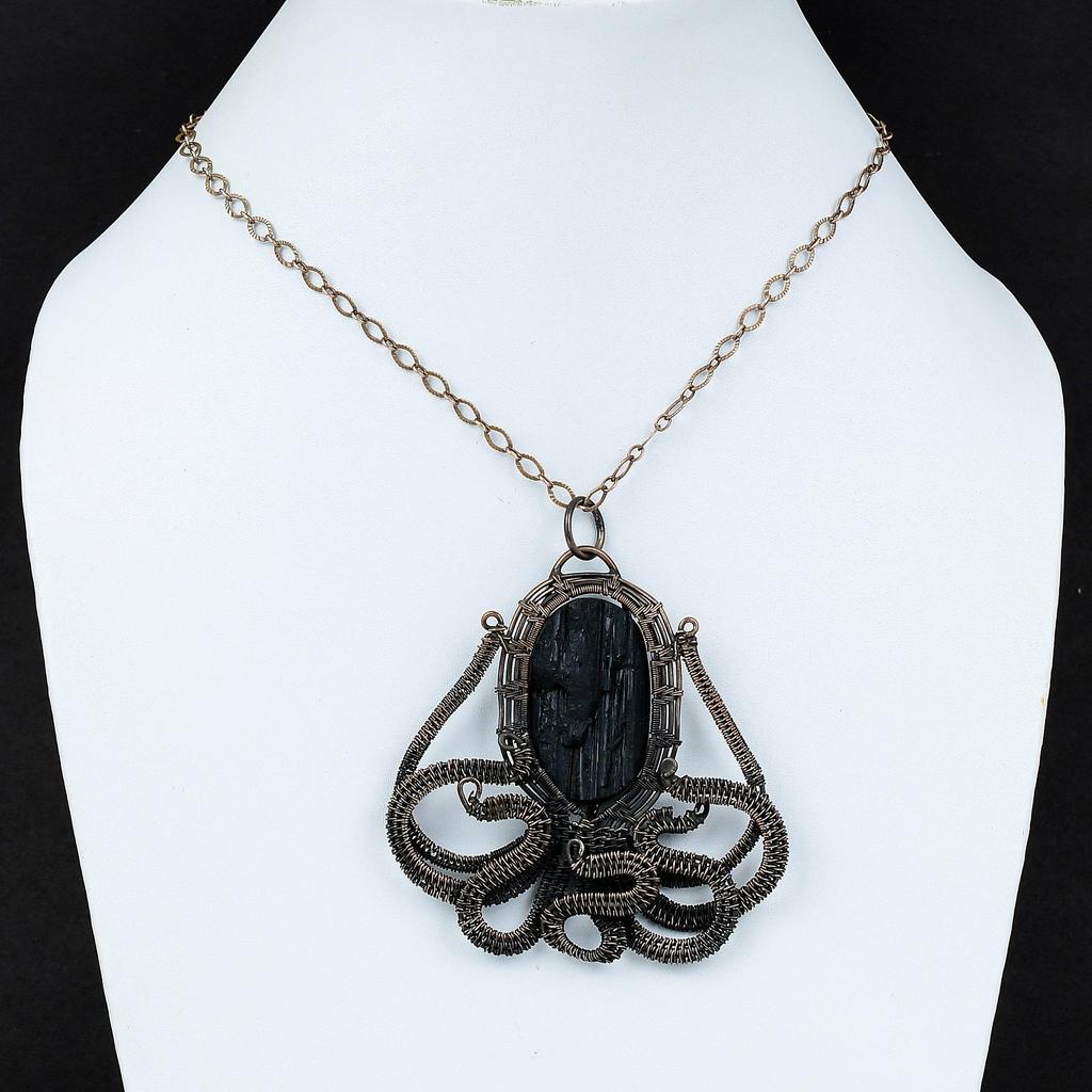 Black Tourmaline Rough Pendant Copper Wire Wrapped Pendant Octopus Pendant Antique Copper Jewelry Handmade Pendant Gemstone Pendant For Gift
