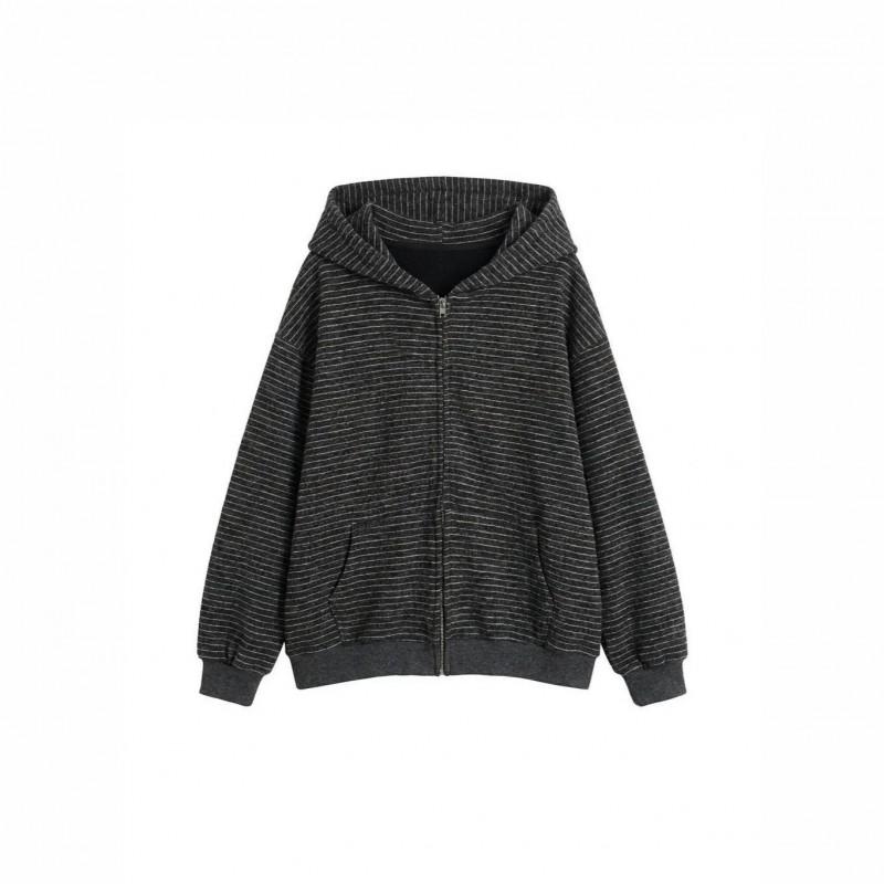 Womens Striped Fleece Hooded Zip Sweatshirt Coat Loose Lazy Style Fall Winter