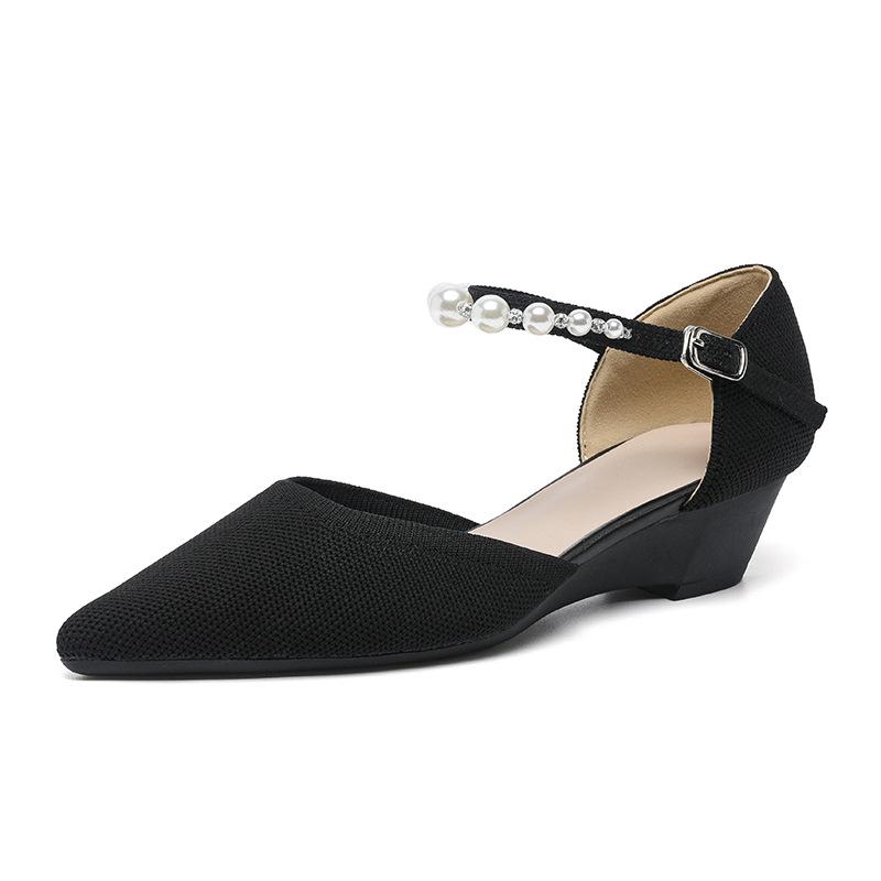 Женские весенние туфли на каблуках с острым носком, повседневные туфли с неглубокой горловиной и полой пряжкой, однотонные туфли с жемчужным принтом, размеры 34-40