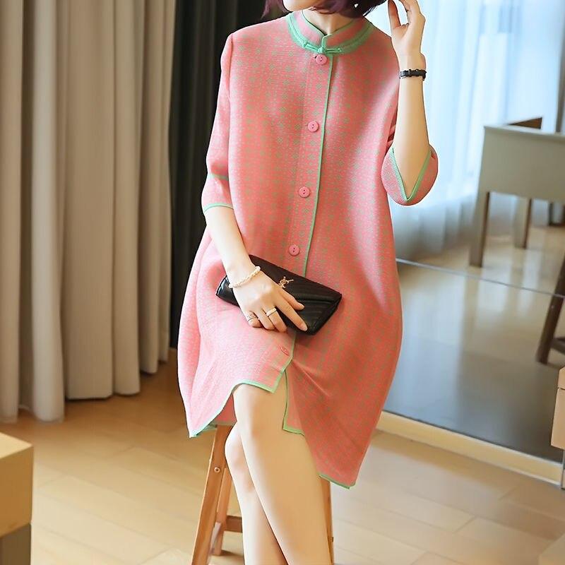 Модное зарубежное складное платье женское лето 2022, новая свободная куртка средней длины, улучшенное платье с короткими рукавами и круглым вырезом, женская одежда