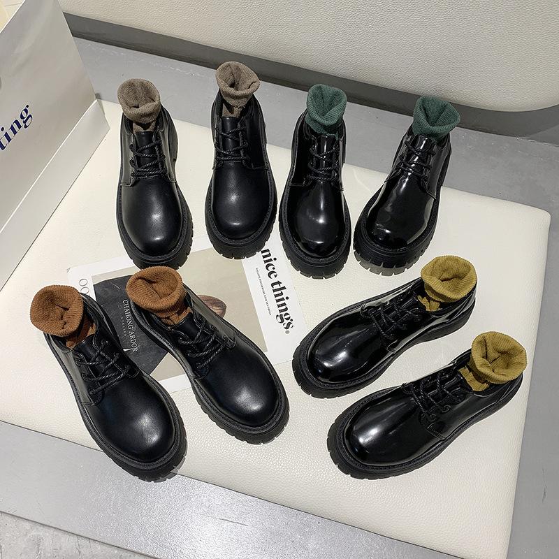 Fashion Leather Boots Women Low-top Ankle Boots Thick Sole British Style Round Toe Casual Student Platform Short Boots Daisy Women Shoes