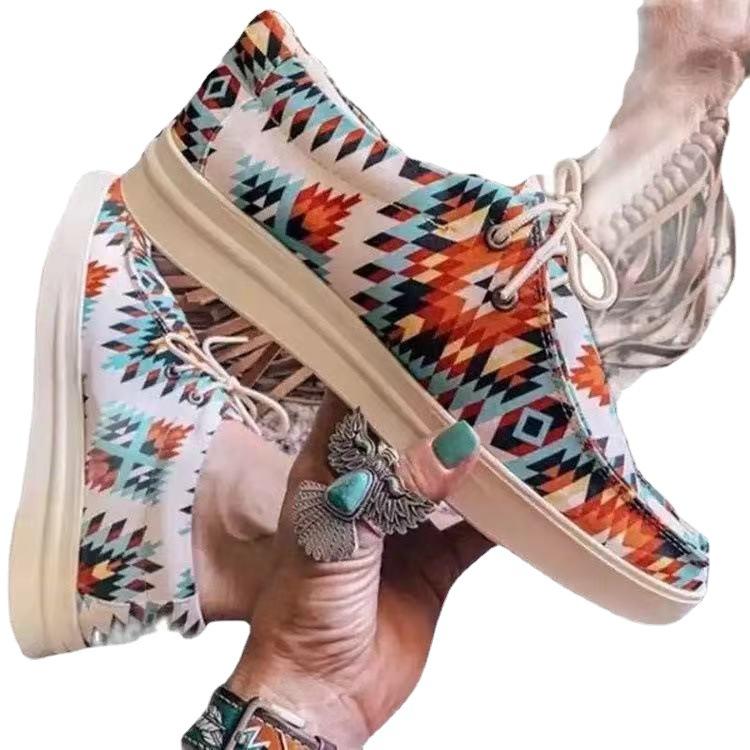 Обувь для женщин 2024 года, модная обувь больших размеров, женская повседневная обувь на шнуровке, женская обувь на плоской подошве с принтом в этническом стиле, Zapatos Mujer