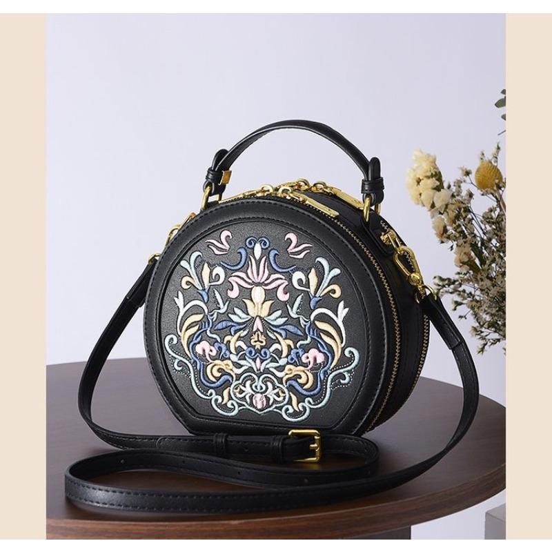 Круглая сумка через плечо с винтажной вышивкой, сумка на молнии, классическая трендовая нишевая сумка-саквояж