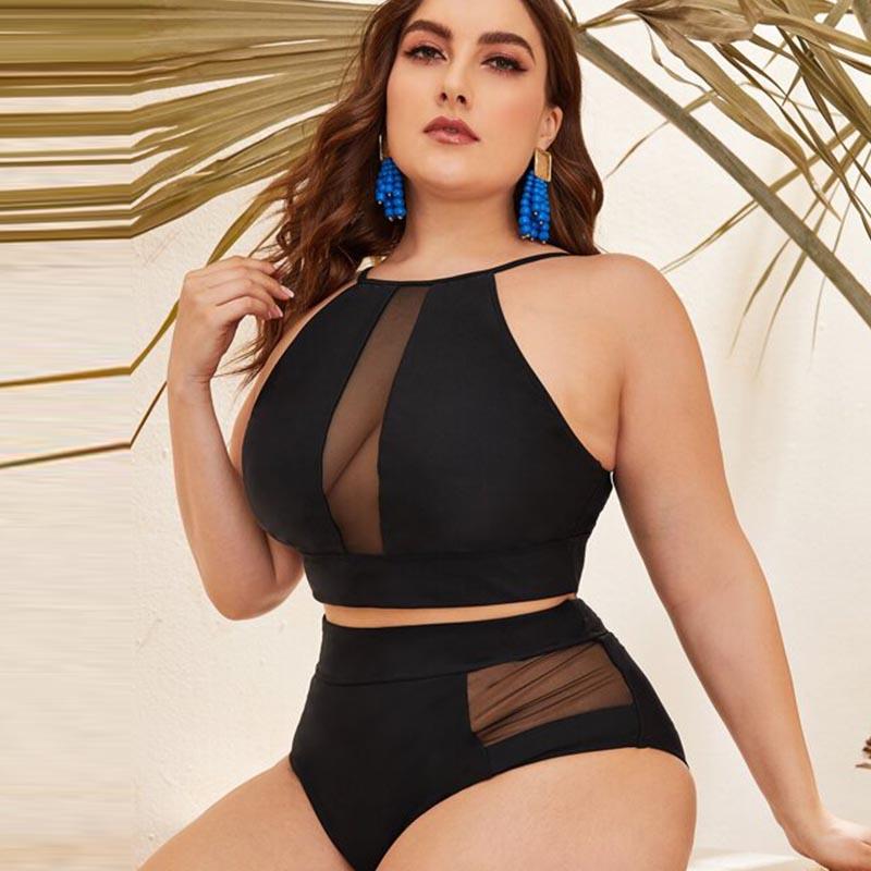 Plus Size Solid Mesh Swimsuit High Neck Halter Swimwear Women Sexy Patchwork Swimming Suit for Women Sexy Swimsuit High Waisted Bikini Two Piece