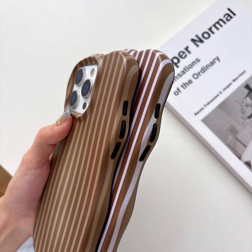 Wave Edges Stripes 2 in 1 TPU+PC Shockproof Phone Case for iPhone 13 14 15 16 17 Pro Max Autumn Brown Color Frosting Cover Shell