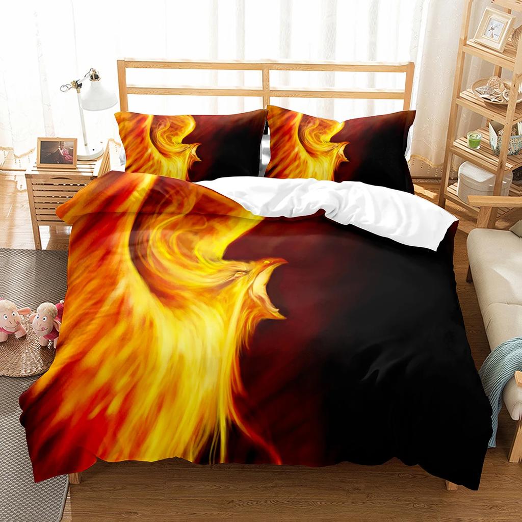 Phoenix Duvet Cover Set King Queen Size for Kids Boy Girls Bedding Set Yellow Animals Pattern Polyester Quilt Cover with Zipper