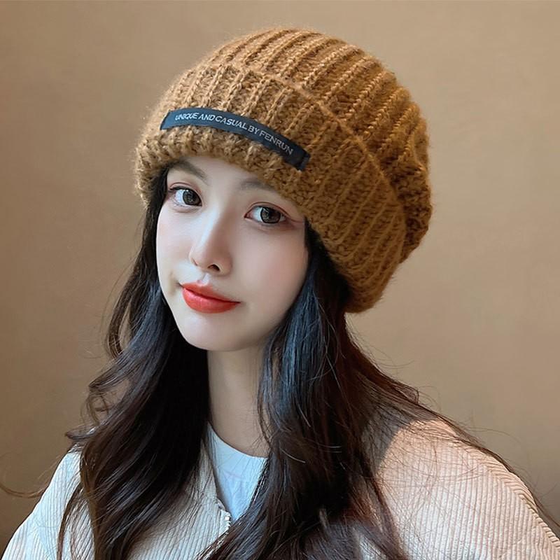 Korean-style slouchy hat for women, autumn and winter, plain thick woolen hat, large head circumference, makes the face look smaller, cold weather