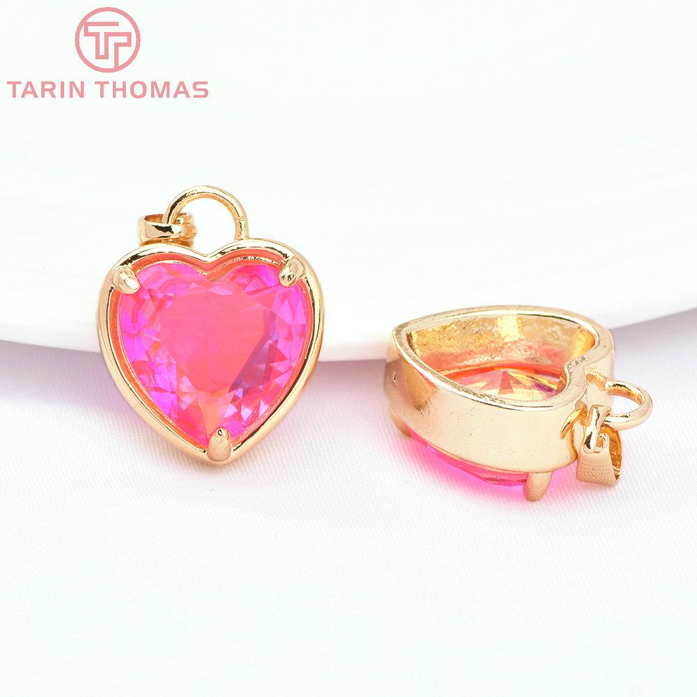 (7518) 6PCS 15x18MM 24K Gold Color Brass with Zircon Heart Charms Pendants High Quality DIY Jewelry Findings Accessories 1