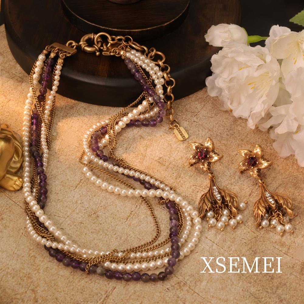 Multi-layer Layered Necklaces, Sweater Chains, Amethyst, Glass, Pearl and Grape Earrings