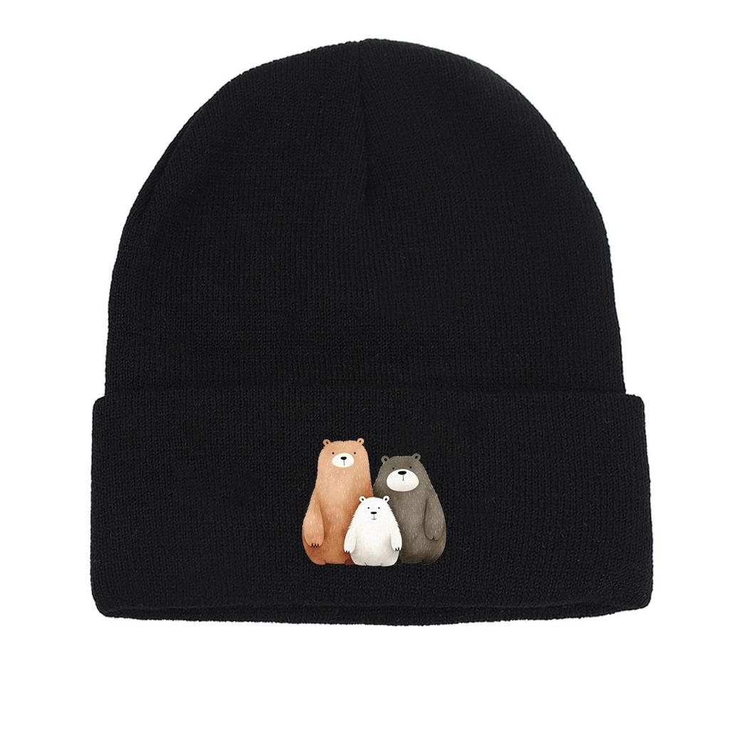 Cartoon Bear Family Print Knitted Cap Beanie, Cute Animal Skull Cap Warm Elastic Headwear Headwear Knit Hat Beanie