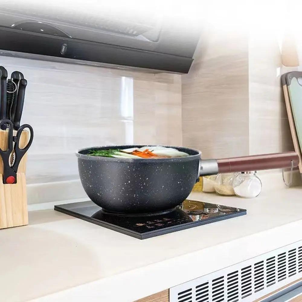 Wood Handle Cooking Saucepan with Lid and Pour Spout Frying Pan Durable Soup Pot  Noodles