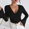 Женские топы-топы с V-образным вырезом, расклешенные, с длинным рукавом, облегающие, трикотажные топы, однотонные, осенне-зимняя блузка