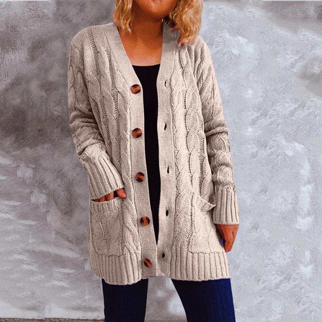 Women's Solid Knit Cardigan Single Breasted Large Pocket Sweater Jacket