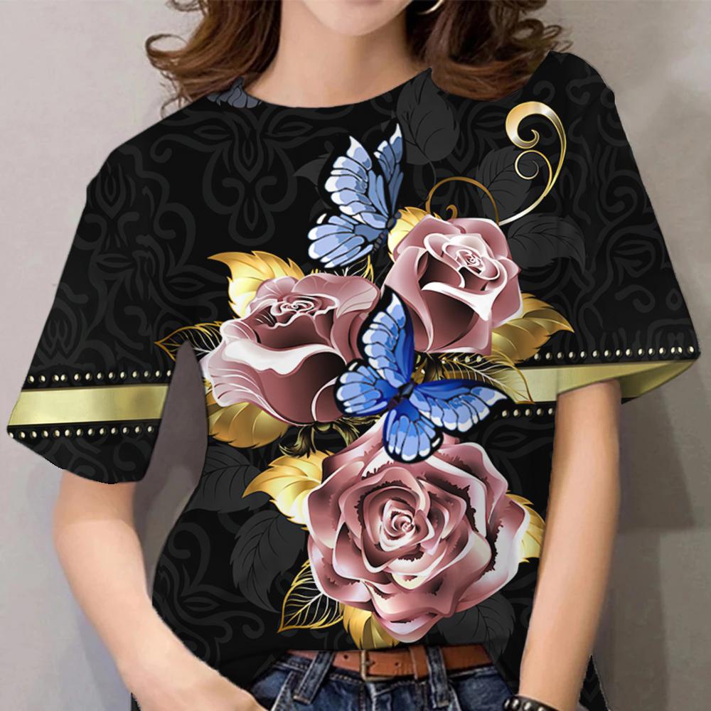 Luxury Women's T Shirt Floral Print Harajuku Clothes O Neck Casual Short Sleeve Tees Daily Y2k Blouse Oversized Tops