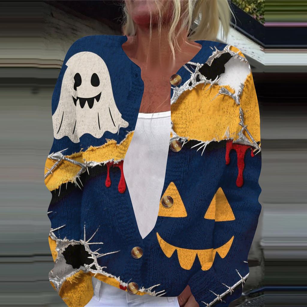 Women's Fashion Printed Long Sleeve Knitted Cardigan Button Down Jacket