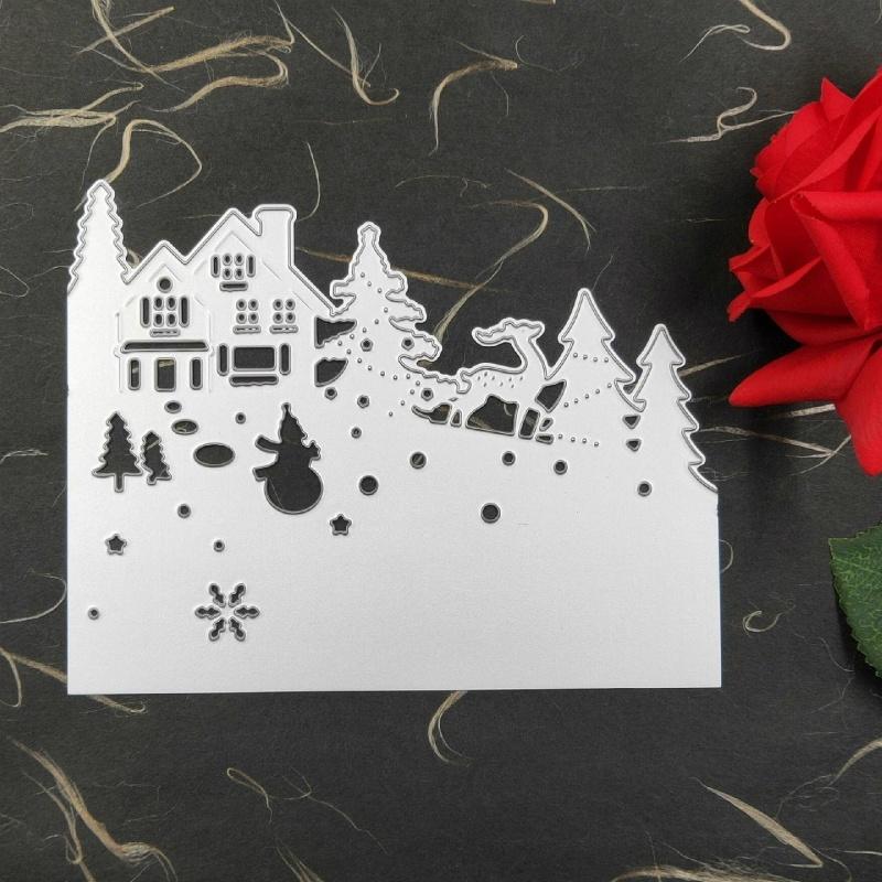 Трафарет для вырезания и тиснения «Рождественский домик, елка, снеговик, Санта-Клаус» для рукоделия и украшения открыток.