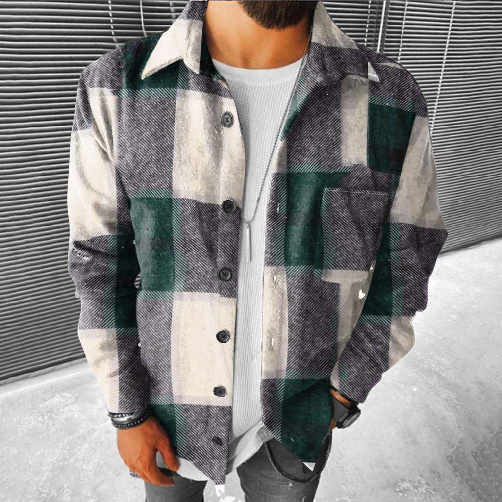 Мужские клетчатые рубашки с длинным рукавом, фланелевая куртка с лацканами на пуговицах и карманами, пальто