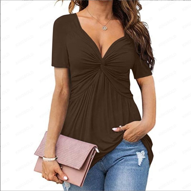 Women's V-neck Front Twisted Shirt Short Sleeved Elegant Casual T-shirt Solid Color Pullover Top Shirt