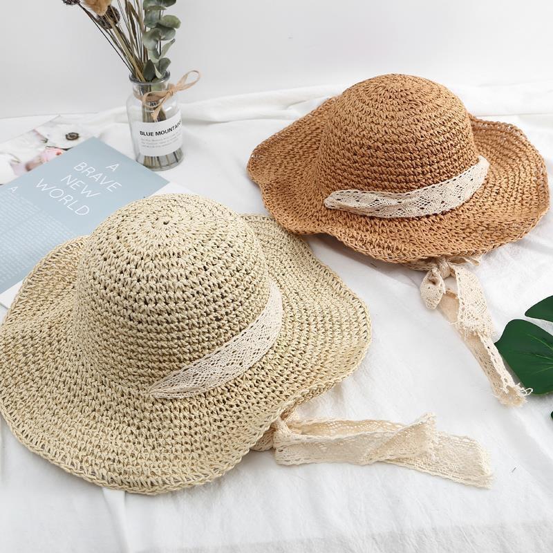 New straw hat women's summer beach hat sunscreen eaves handwoven straw hat sunshade lace strap straw hat tide