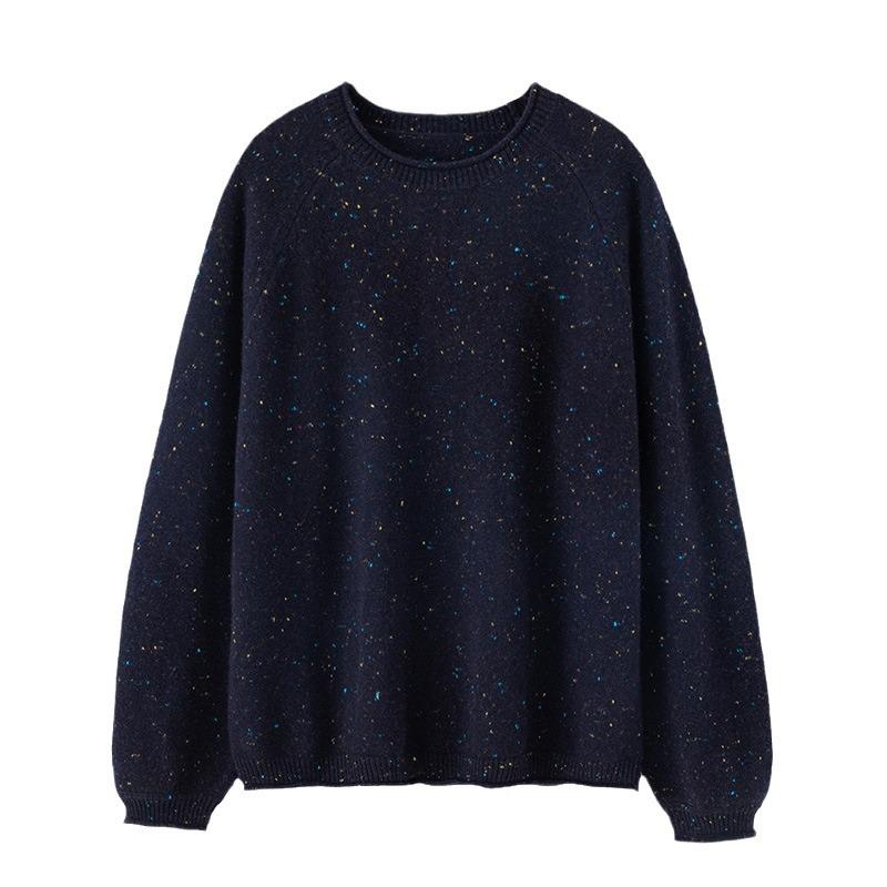 Women's Round Neck Cashmere Sweater - Rolled Hem, Marled Dot Yarn, Warm Knit for Autumn/Winter