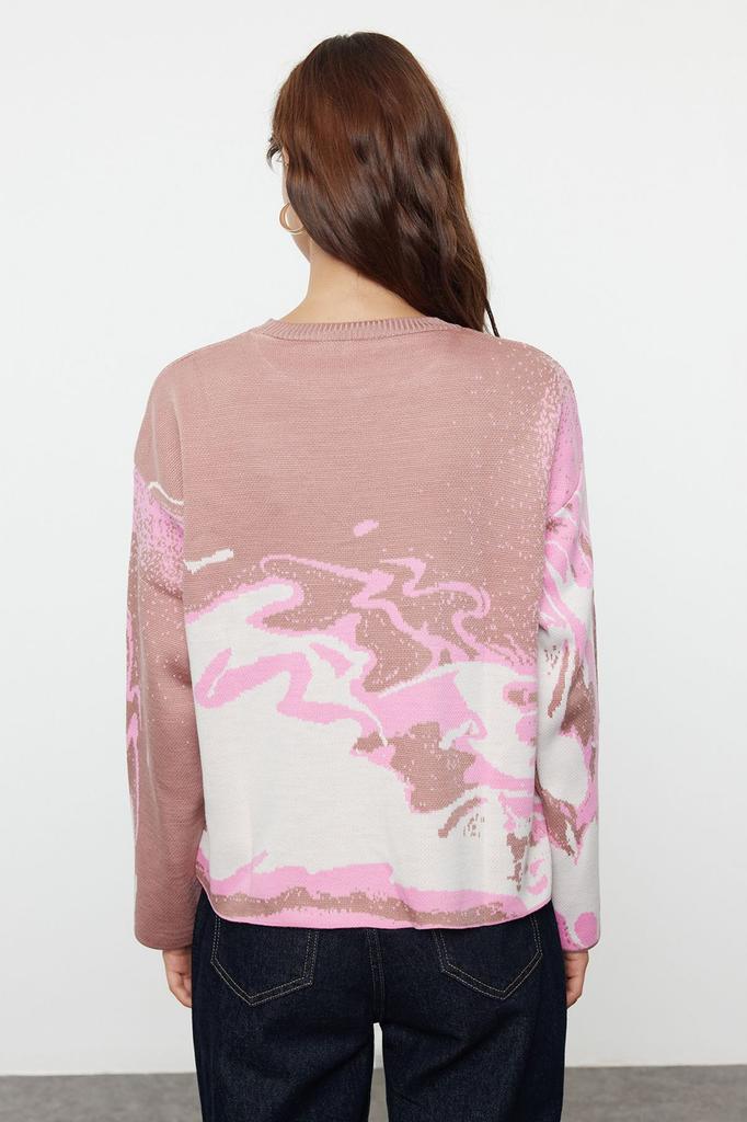 Women's Fashionable Stylish Sweater Yellow Patterned Crew Neck Knitwear Sweater