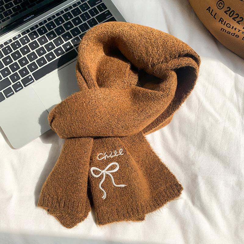 Scarf women's new autumn and winter Japanese cute retro English bow warm wool knitted scarf tide