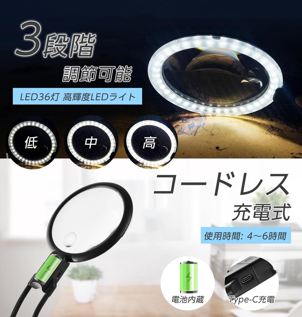 SUNEYES Neck Magnifying Glass, 5x Large Mirror, 15x Small Mirror, 12.2cm Diameter, LED Light, USB Charging, 36 Lights, 3 Dimmable Levels, 2 Lenses,