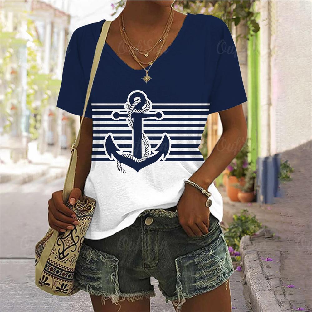 Летние футболки большого размера с принтом якоря, топ для женской одежды, женская модная футболка с v-образным вырезом, большие размеры 2024, новый стиль, футболка для женщин