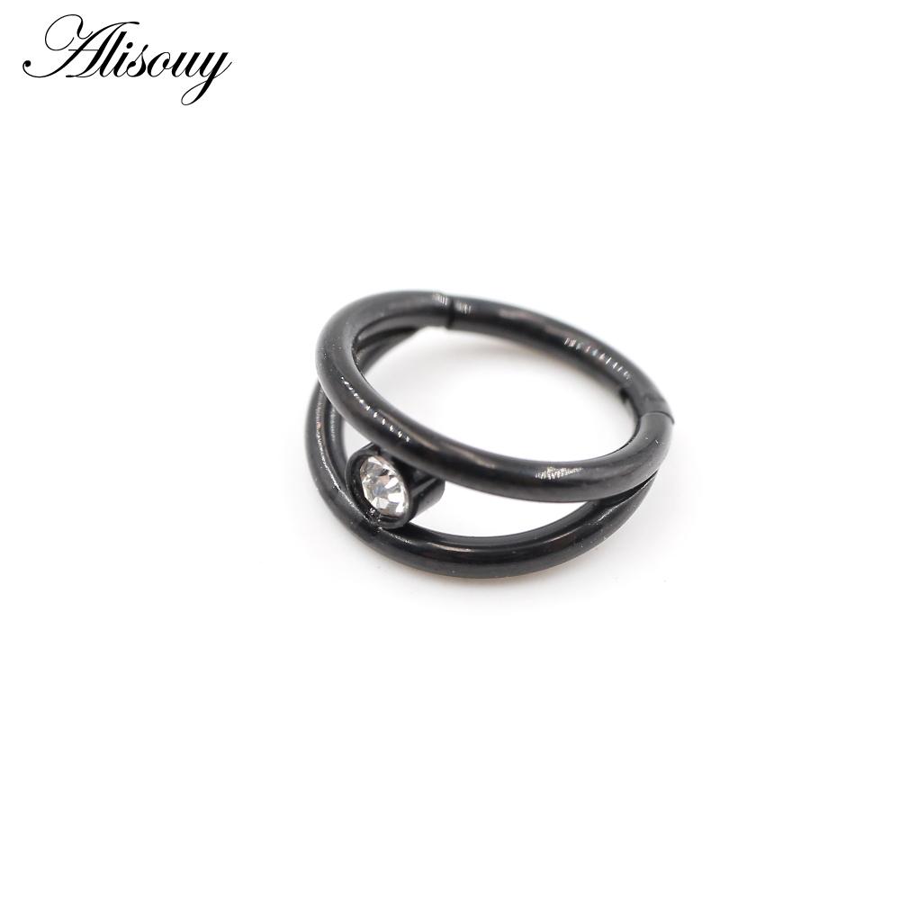 Alisouy 1pc Two Layers Zircon CZ Cartilage Earrings Stainless Steel Hinged Piercing Septum Clicker Nose Rings Hoop Segment Rings