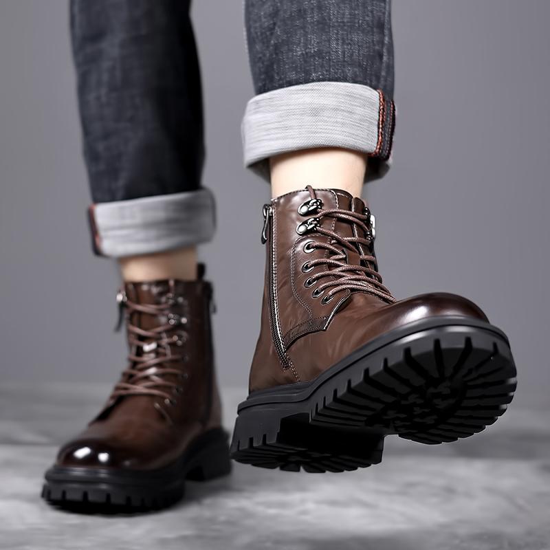 FashionMale Leather Motorcycle Boots 2024 New Warm Winter Footwear Mens All-match Casual Shoes High Top Versatile Classics Male Boots
