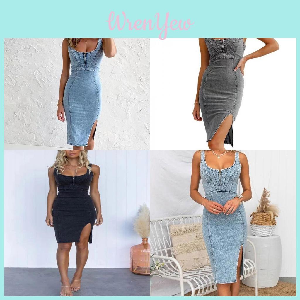 Denim Dress With Lace Vneck Sleeveless For Casual Summer Wear