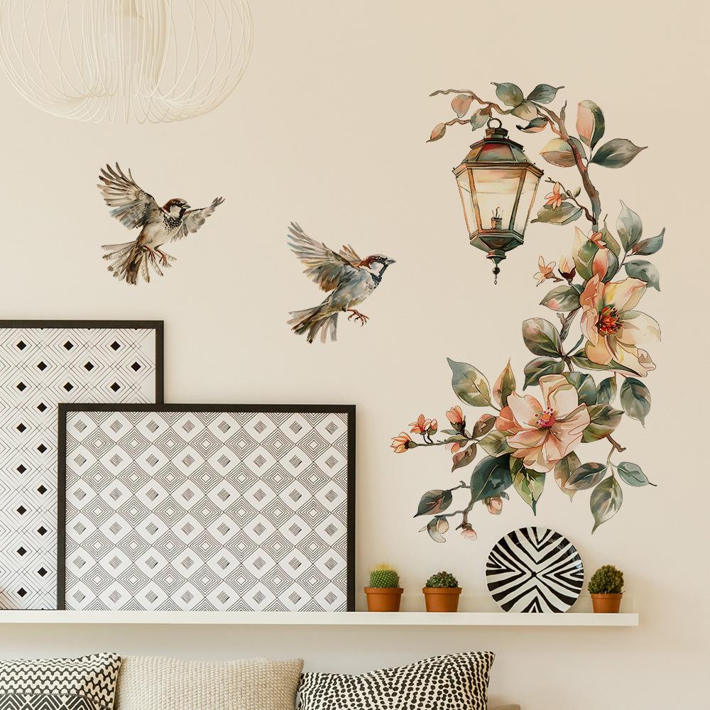 Colorful Flower Pendant Lamp Bird Wall Sticker For Bedroom Living Room Entrance Home Background Decoration Self-adhesive 29*22CM