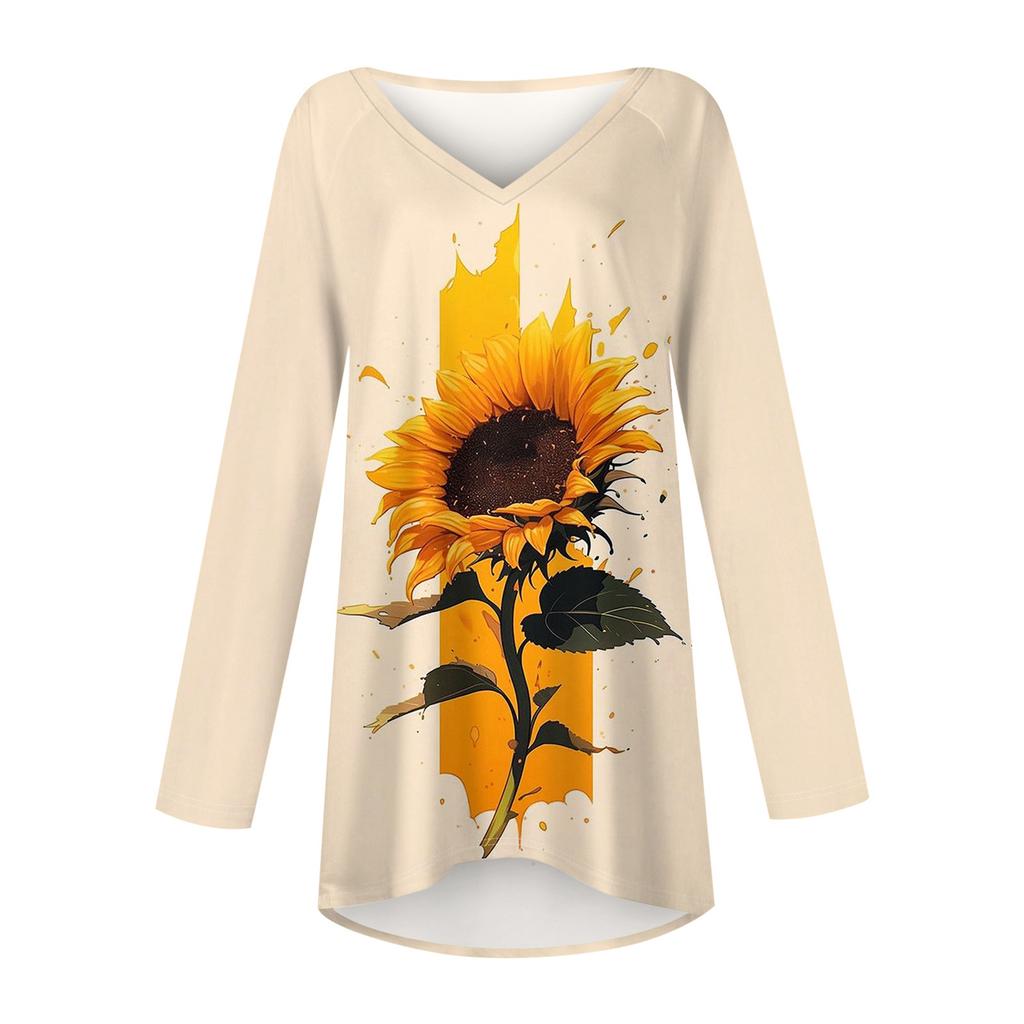 Женская и зимняя футболка с длинными рукавами и V-образным вырезом с принтом, повседневная, длинная, свободная