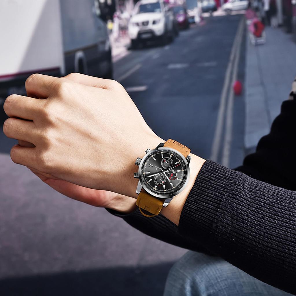 AKNIGHT Натуральная кожа Легко для ношения на руке Мужские часы для японского руководства по эксплуатации Мужские часы, модные, популярные, кварцевые, ремешок, хронограф, кристалл, см.