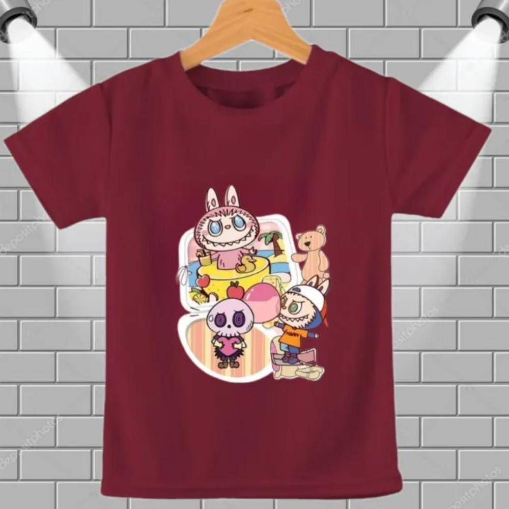 Летняя популярная детская футболка одежда пляжный отпуск Labubu с принтом для девочек круглый вырез короткий рукав повседневный топ