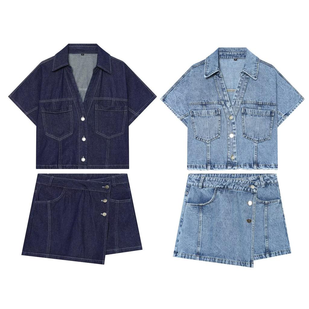 European and American style, wholesale women's clothing, fashion denim short shirt + double-placket denim skirt pants 1416034