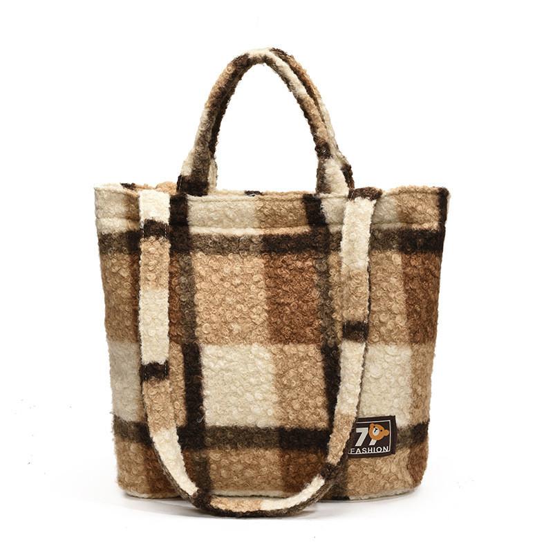 Ielgy Winter Large-Capacity Plush Tote Bag Casual Fashion All-Match Plaid Shoulder Female Bag