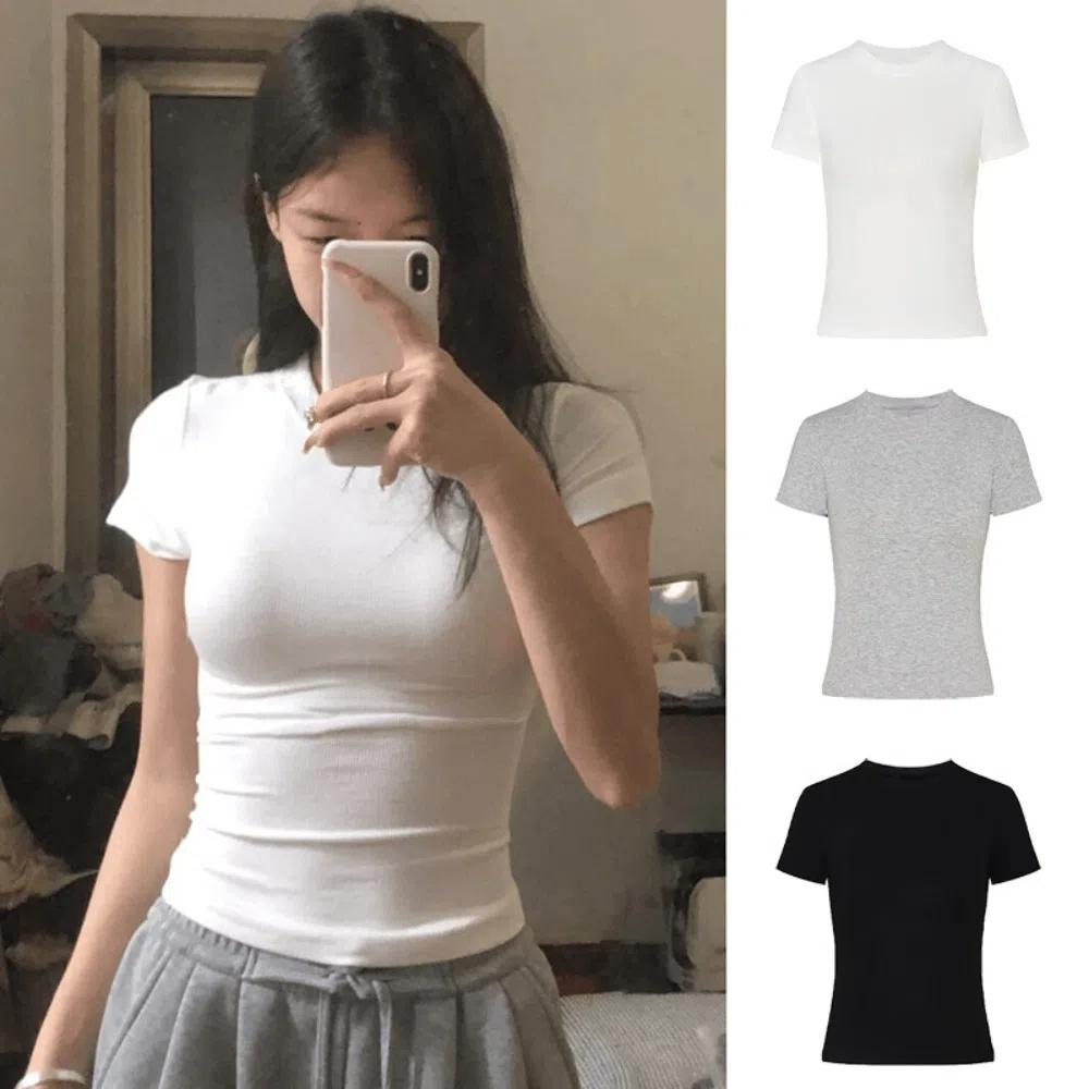 Y2k Slim T Shirt Women Basic Pullover Tops Fashion Simple Crop Tops  Summer
