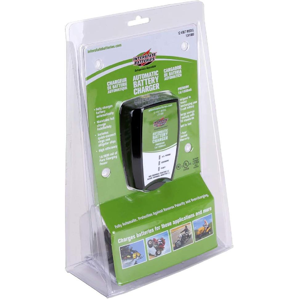 Interstate Batteries Powersports Battery Charger - 1.0 Amp - Sealed Lead Acid or AGM - Motorcycles, ATV, Marine, Snowmobiles, Lawnmowers, Scooters