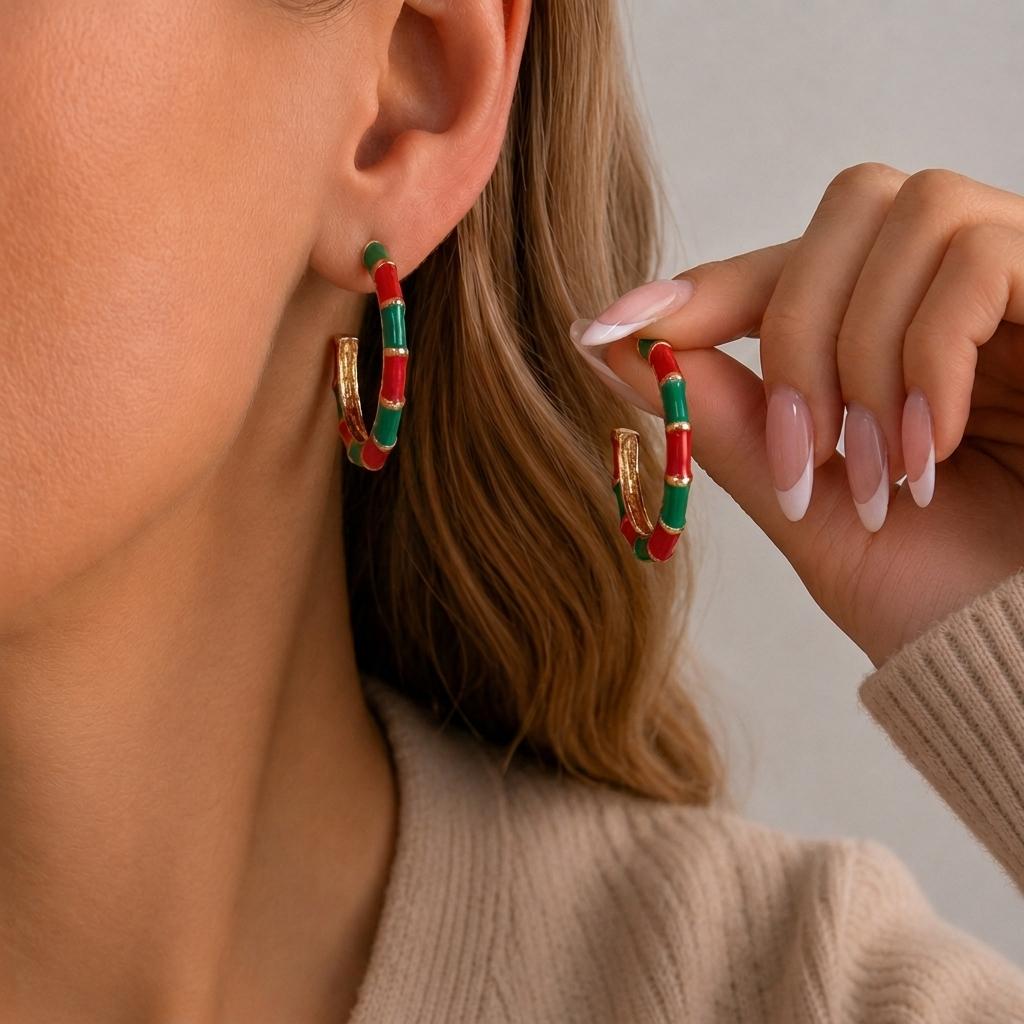 Fashion Christmas Red Green Enamel Twist Hoop Earrings for Women Trendy C Shaped Candy Color Circle Earring Xmas Party Jewelry