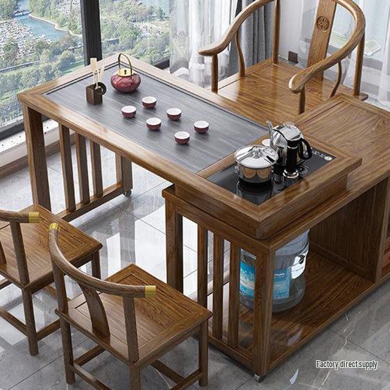 Solid Wood Rotating Tea Table Set with Chairs and Kettle, Mobile Balcony Coffee Table for Home.