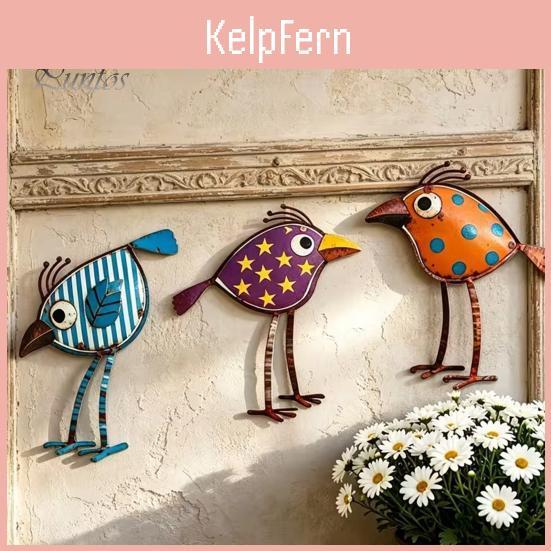 Fence Bird Decor Wooden 3pcs Birds Wall Art Decor Colorful Hangings Funny Plaque Sculpture With Polka Dot Star Pattern Leaf Design For Farmhouse