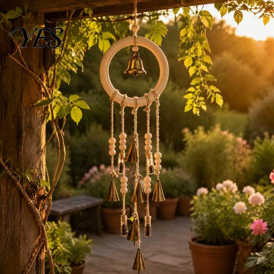 Handcrafted Vintage Style Decor Metal Wind Chimes with Bells And Wishing Bottle, Rustic Witch Hemp Rope Wood Ring, Bohemian Hanging Ornament