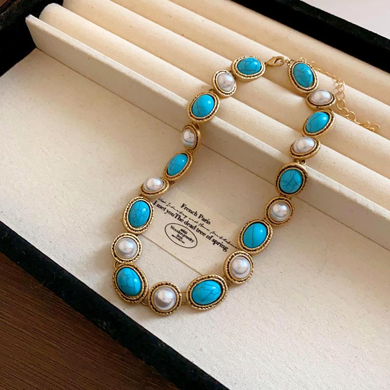 French Oval Lace Pearl Necklace - Retro Court Style Fashion Clavicle Chain