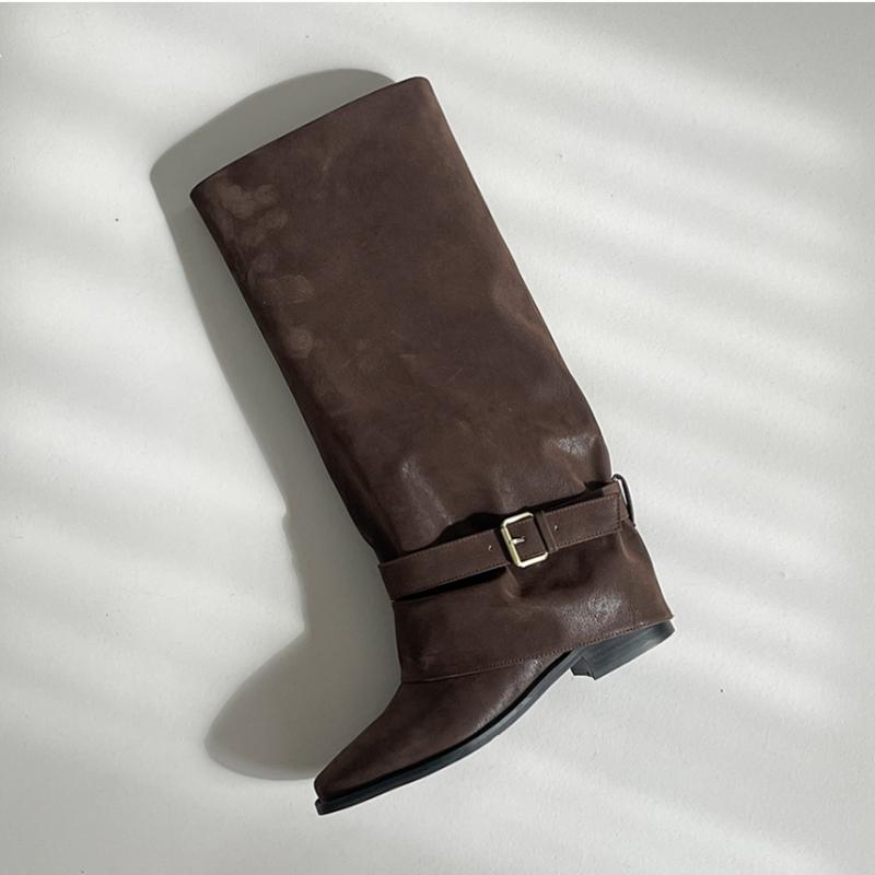 Melting Brown Women Casual Nubuck Suede Folding Long Boots 2 Color