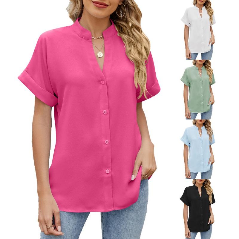 Женская однотонная рубашка свободного кроя с V-образным вырезом и короткими рукавами, застегивающаяся на пуговицы, шифоновая блузка весна/лето
