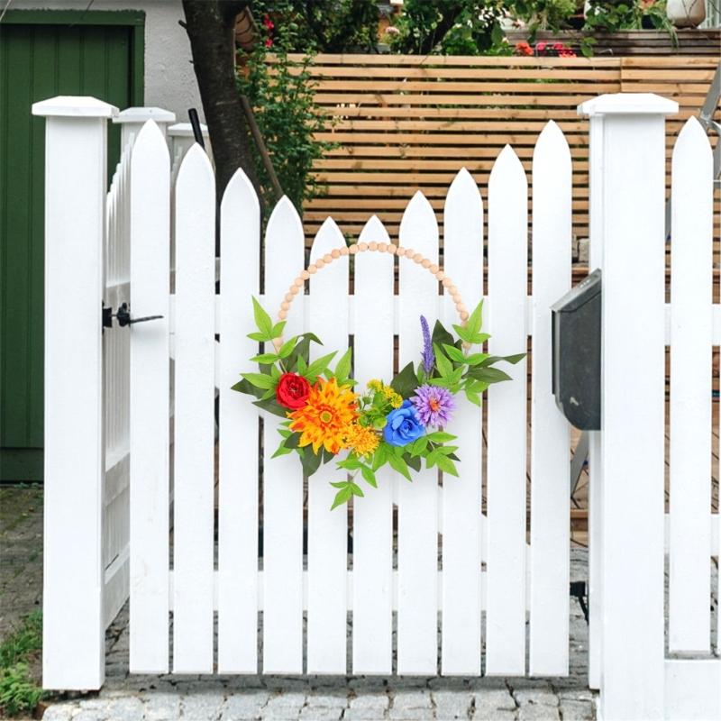 Spring Wreath for Front Door Farmhouses, Wood Bead Wreath with Artificial Flower Leaf, Spring Summer Wreath for Wedding