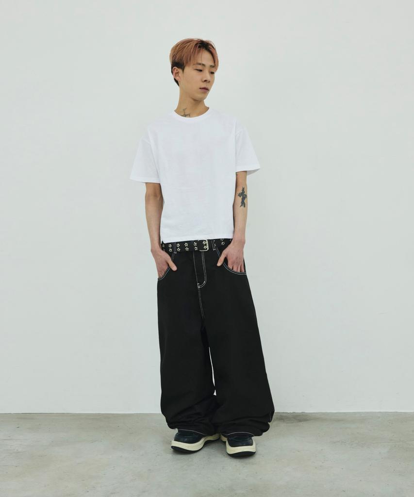 SCALLYWAG Stitch Wide Sagging Cotton Pants [Black]