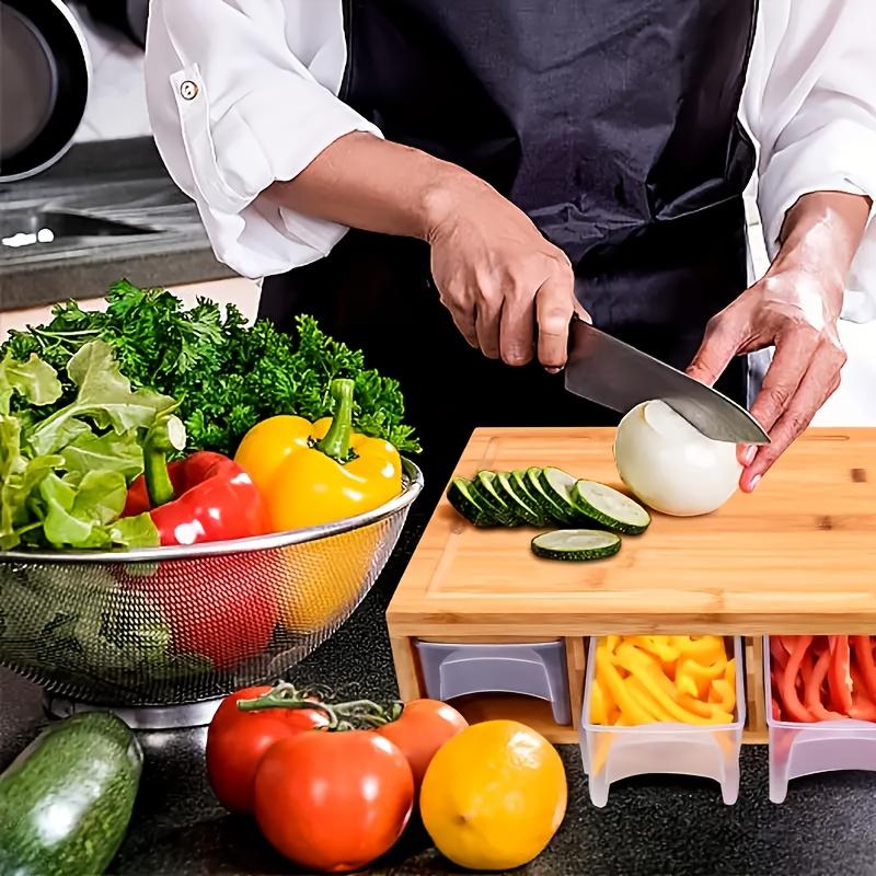 Многофункциональный кухонный органайзер из бамбука с выдвижным ящиком для разделочной доски и кухонных принадлежностей.