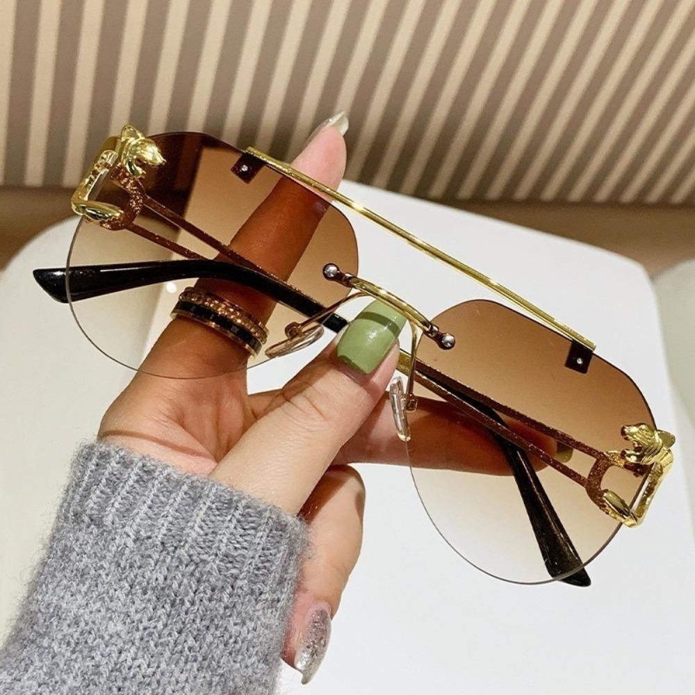 Квадратные солнцезащитные очки без оправы, разноцветные, мужские, женские, ретро, с металлической оправой с головой леопарда